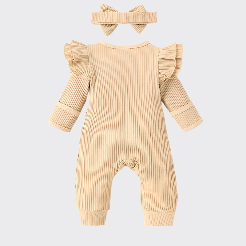 Long sleeve ruffle romper beige with headband back