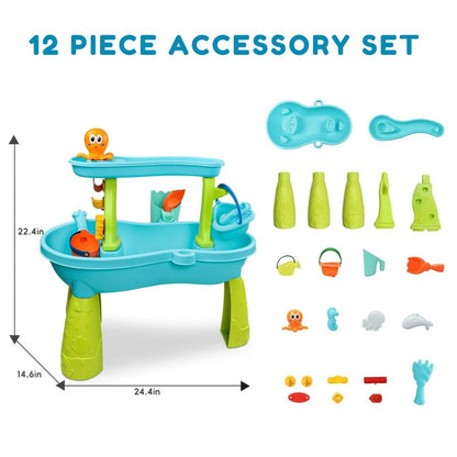 12-piece accessory set for a water table with dimensions and product details on a white background.