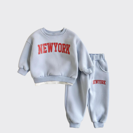 Light Blue sweatshirt and pants set with "New York" printed in red