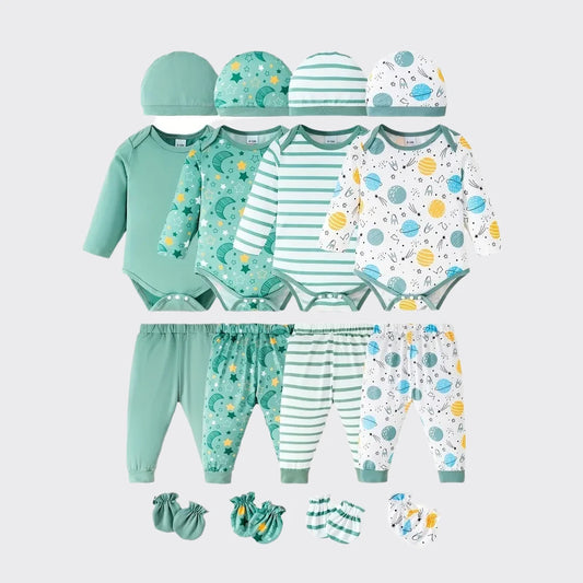 4 pack of onesies including romper, pants, hat, and gloves in green