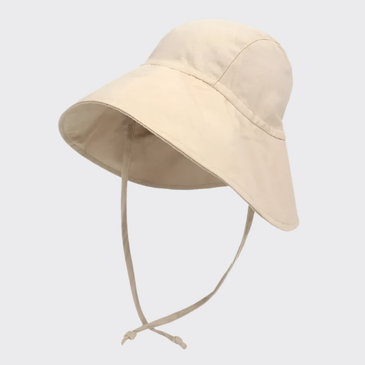 Beige colored linen sun hat front side profile