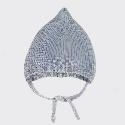 Blue knit hat with tie strings