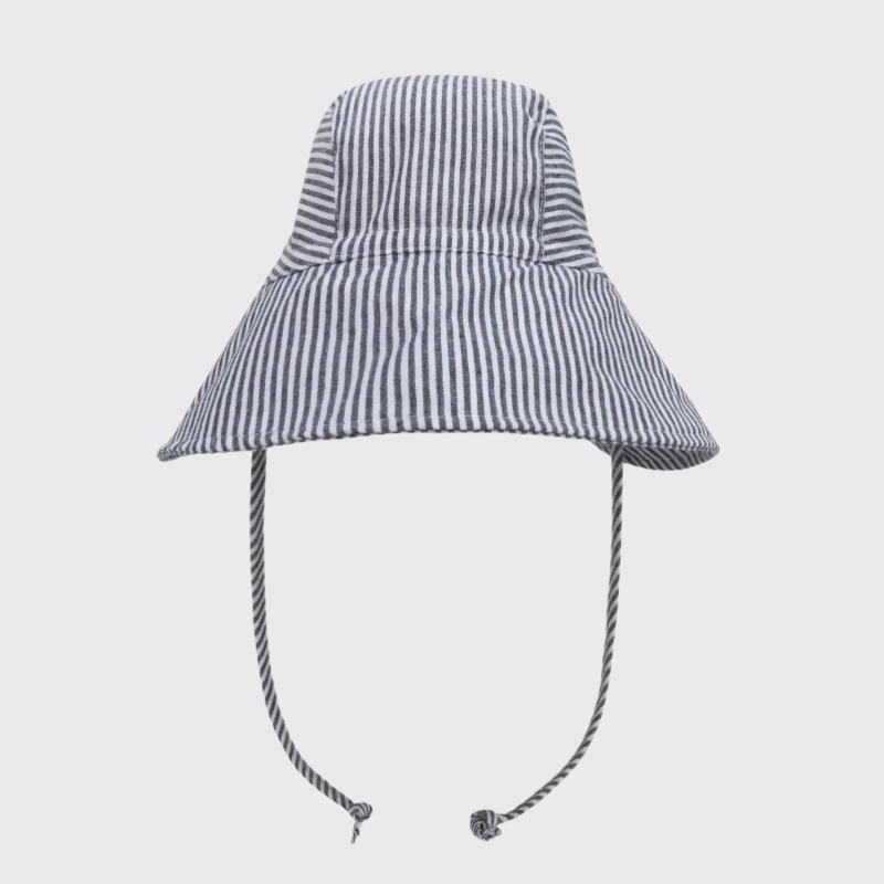 Blue striped linen sun hat front profile