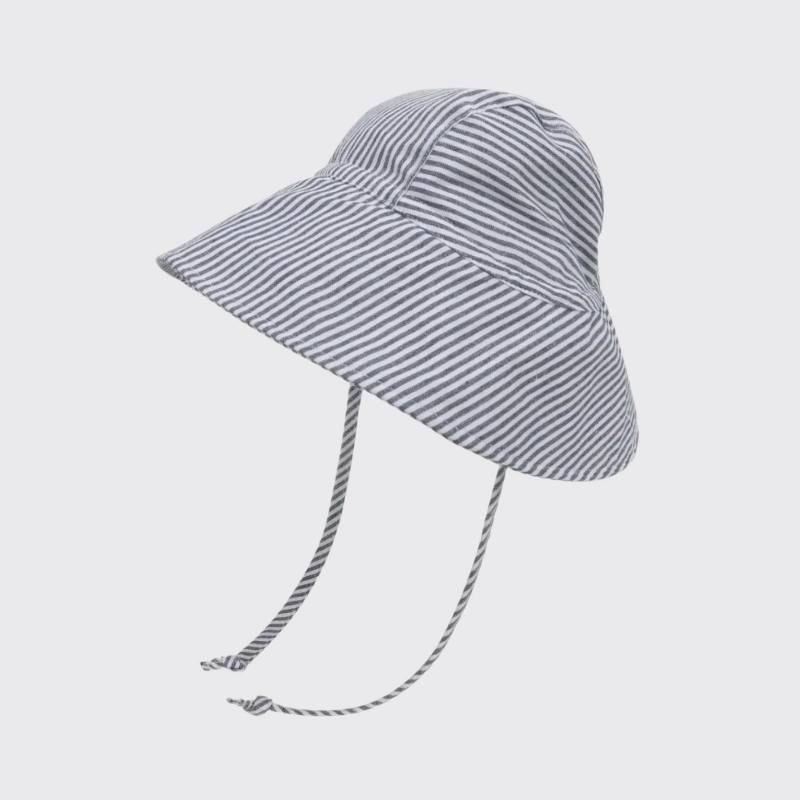 Blue striped linen sun hat side profile