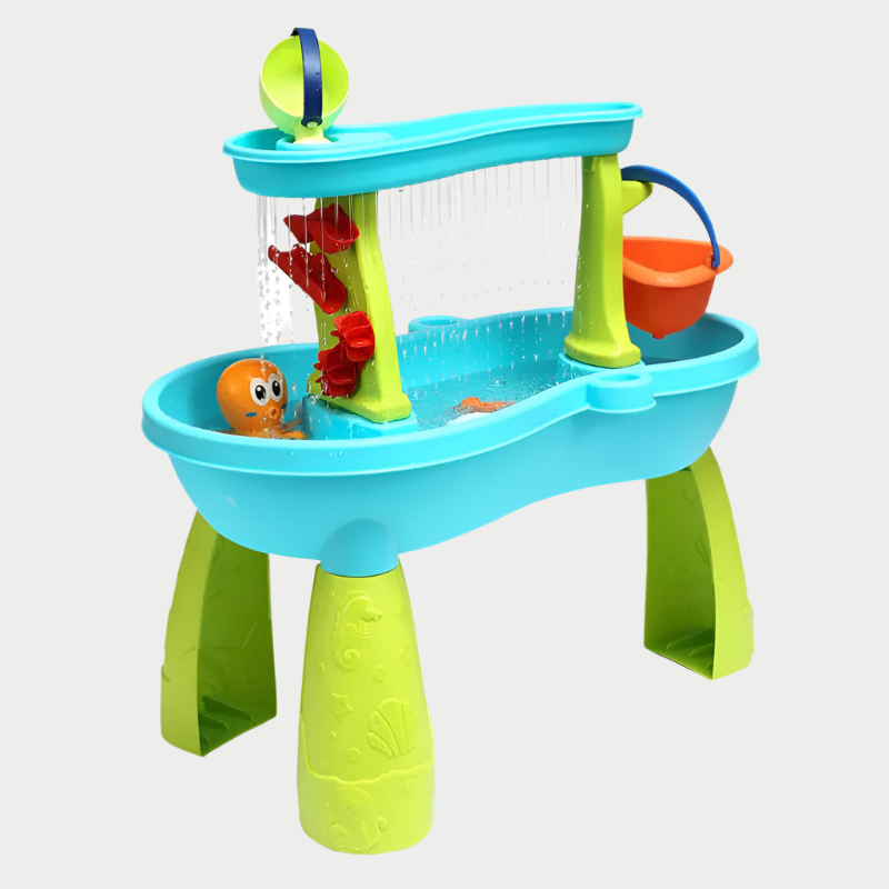 Colorful toy water table with various accessories on a white background