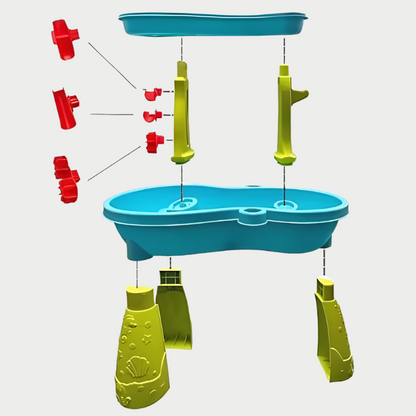 Colorful water table with blue and green platforms and red and yellow components on a white background