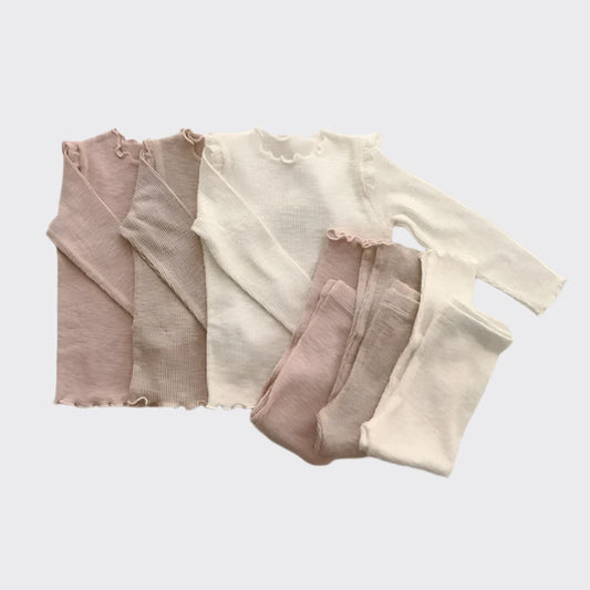 Cotton pajama set in khaki, pink, and white