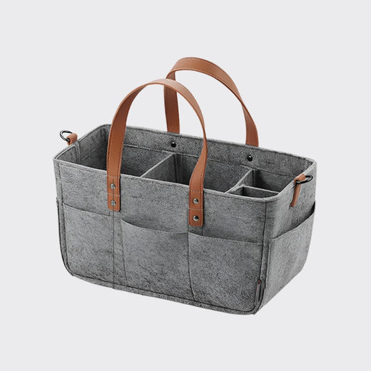 Dark grey felt diaper caddie with faux leather straps