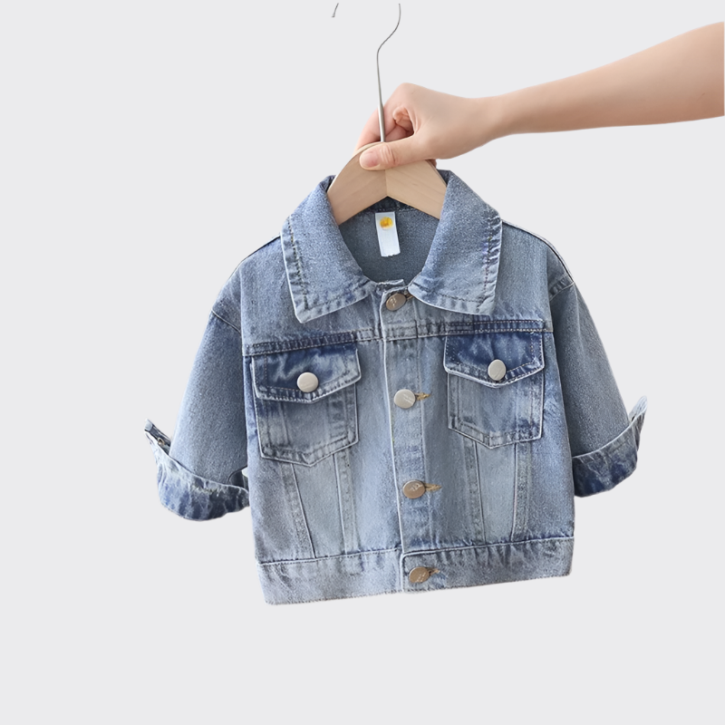 Denim jacket on a hanger front view