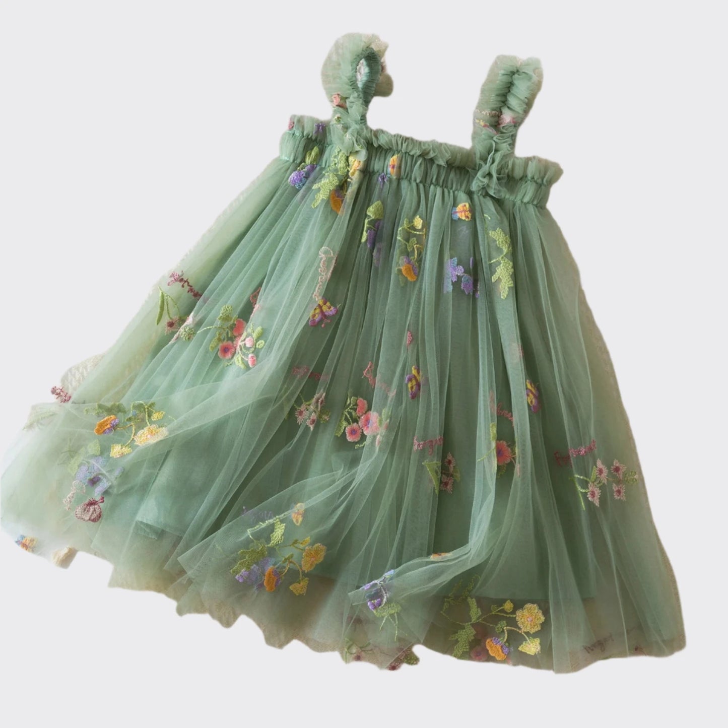 Flower embroidery dress green