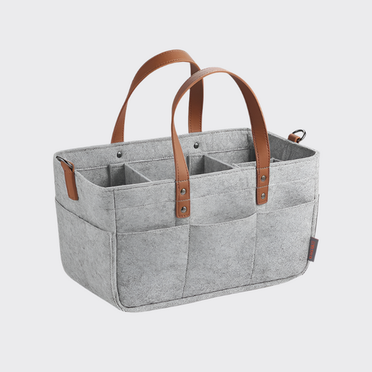 Grey felt diaper caddie with faux leather straps