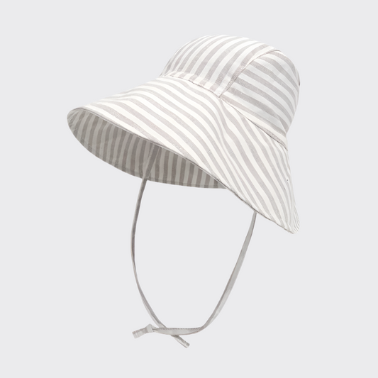 Grey striped linen sun hat front side profile