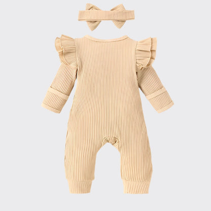 Long sleeve ruffle romper beige with headband back