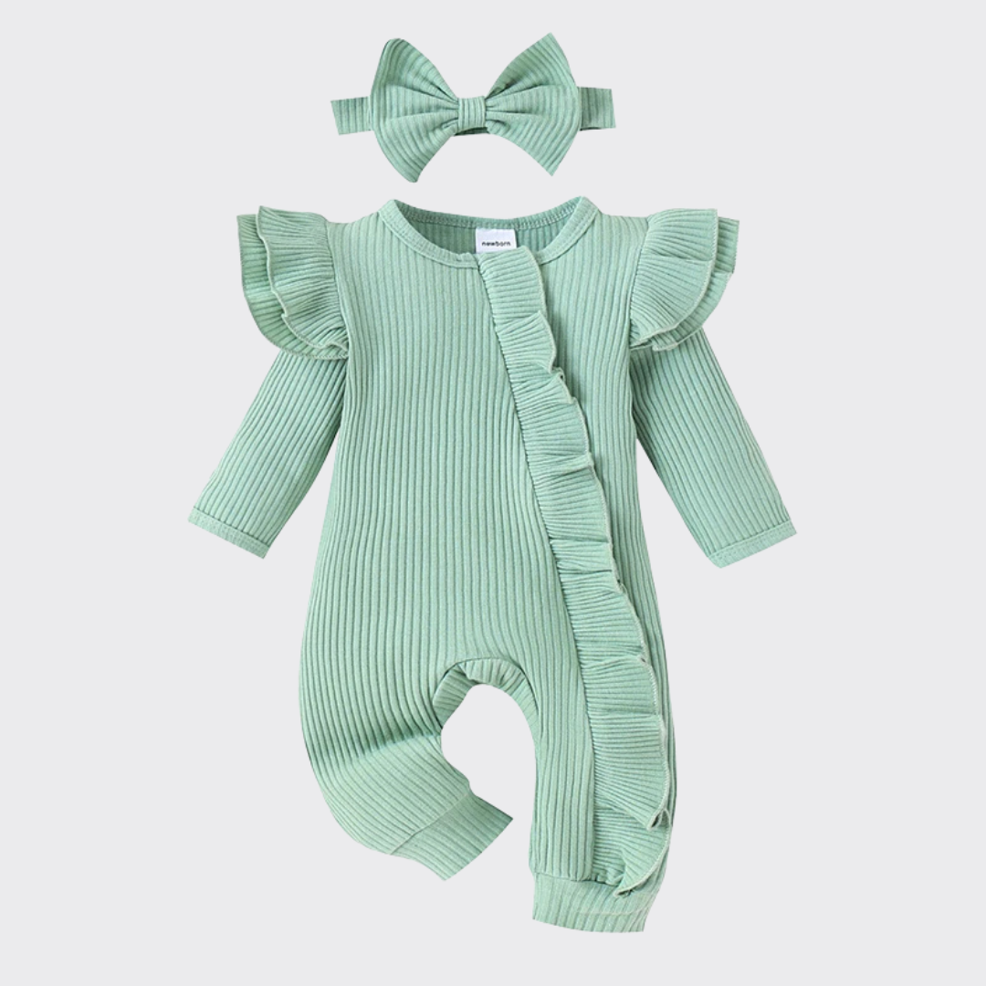 Long sleeve ruffle romper in green