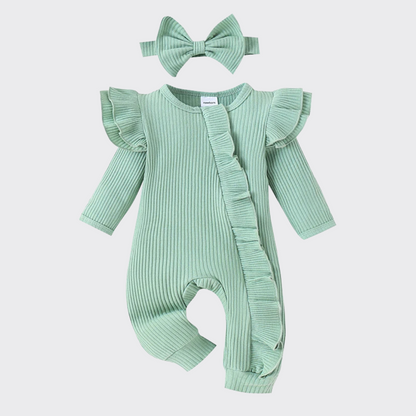 Long sleeve ruffle romper in green