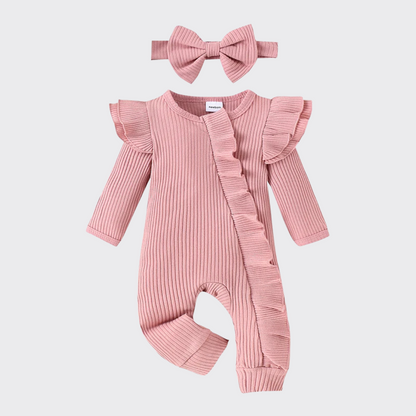 Long sleeve ruffle romper in pink with bow headband