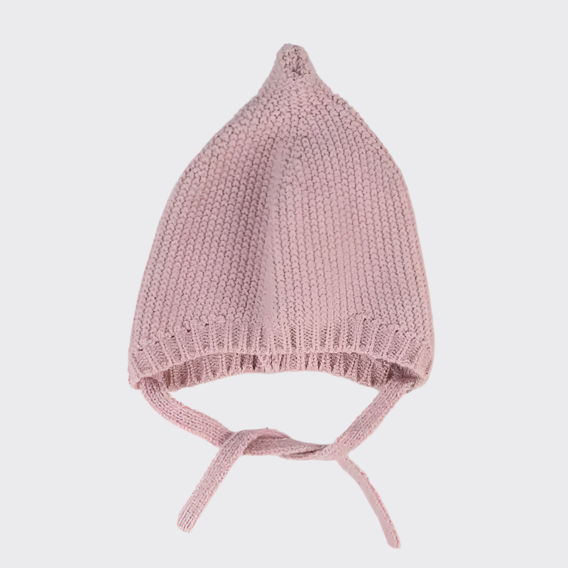 Pink knit hat with tie strings