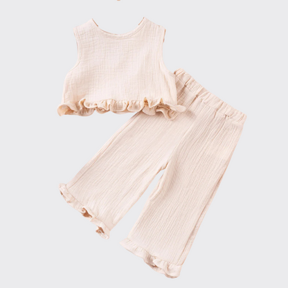 Ruffle Top & Pants Set Beige