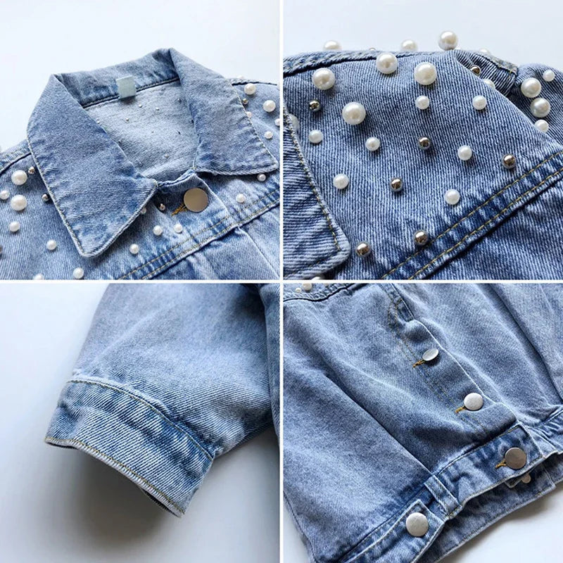 DENIM JACKET WITH FAUX PEARLS