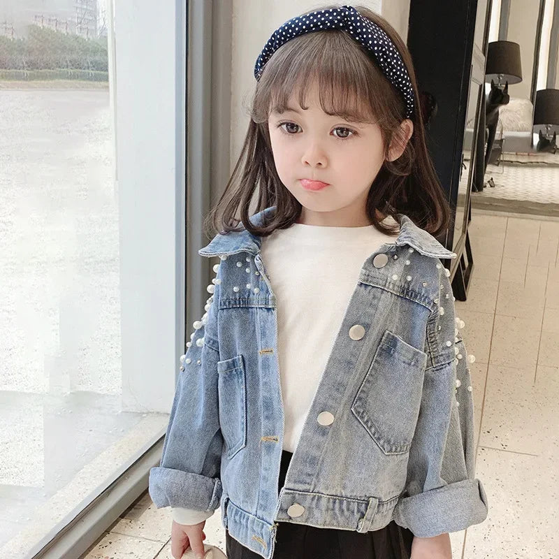 DENIM JACKET WITH FAUX PEARLS