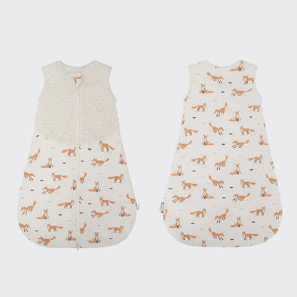 White sleepsack with foxes front and back