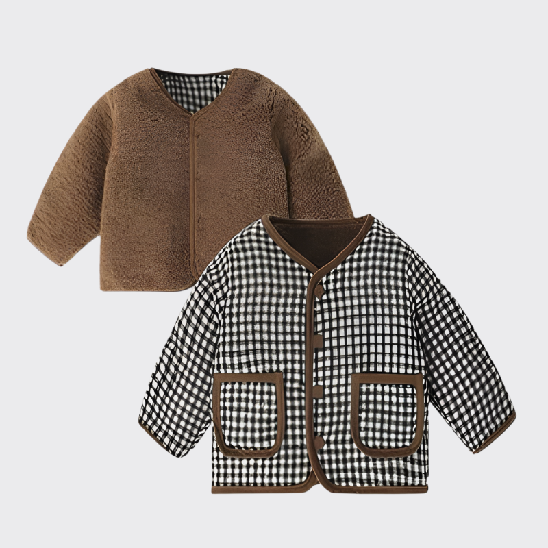 Reversible fleece sweater with gingham pattern on one side and brown fleece on other side