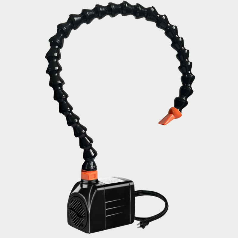 Black and orange water pump with a flexible hose on a white background